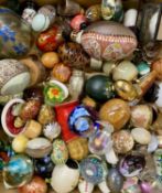 COLLECTION OF ASSORTED PAPERWEIGHTS & EGG ORNAMENTS, various materials including glass, onyx, metal,