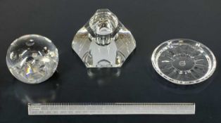 BACCARAT CRYSTAL comprising octagonal inkwell with stopper, 7cms (h), circular paperweight with