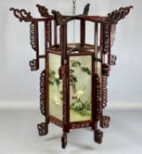 CHINESE HARDWOOD LANTERN 20th Century, hexagonal form, inset with glass panels having reverse