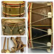 THREE VINTAGE DRUMS, painted wood frames with string tighteners, the largest 72cms (diam.), with two