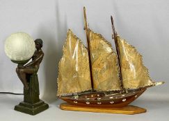 RETRO WOODEN BOAT LAMP with plastic sails, 57cms (h), and Art Deco style figural table lamp with