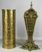 FOLDING BRASS FAN SPARK GUARD, 62.5cms (h), and embossed cylindrical brass stick stand, 51cms (h)