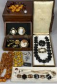 ANTIQUE & VINTAGE JEWELLERY including amber type necklaces, jet necklace and brooch, three oval
