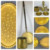 ASSORTED BRASSWARE including ornate cast bell, wall bracket having cherub mount, 57cms (l), pair