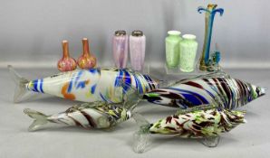 ASSORTED DECORATIVE GLASSWARE including four Murano fish, 55cms (l) the longest, pair of opaque