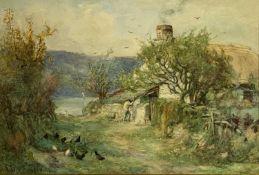 WALTER EMSLEY (British 1860 - 1938) watercolour - thatched cottage with figure and chickens in
