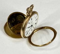 GOLD PLATED KEYLESS OPEN FACED POCKET WATCH by Roberts & Owen Caernarfon, signed white enamel