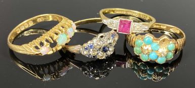 FOUR GOLD DRESS RINGS, 18ct with opals, 2.4gms, 18ct with turquoise, 3.2gms, 18ct gold and