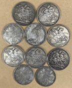 VICTORIAN SILVER COINS including seven Crowns 1889 - 1891, and three Double Florins 1887 - 1890