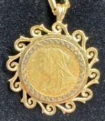 A VICTORIA 1894 GOLD FULL SOVEREIGN mounted as a pendant with 9ct gold chain, 36.3gms Provenance: