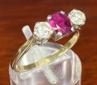 18CT GOLD & PLATINUM RUBY & DIAMOND THREE STONE RING, size Q/R, 3.5gms Provenance: private