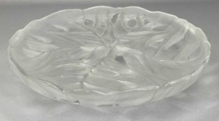 LALIQUE CIRCULAR DISH with moulded decoration of branches and leaves, shaped rim, circular base with