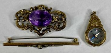 YELLOW & WHITE METAL BAR BROOCH, set with single round cut diamond, 7cms (l), 3.4gms, yellow metal