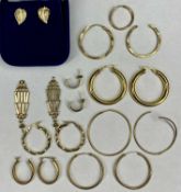 EIGHT PAIRS OF 9CT GOLD EARRINGS, some A/F, including hoop, half hoop, drop and leaf, approx.
