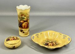 THREE AYNSLEY ORCHARD GOLD CERAMICS comprising cylindrical vase, 21cms (h), oval dish with pierced