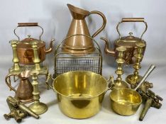 DOMESTIC METALWARE mainly 19th century and later including circular brass two-handled jam pan, 28cms