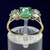 18CT GOLD & PLATINUM EMERALD & DIAMOND THREE STONE RING, size Q, 2.6gms Provenance: deceased