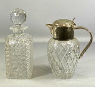 LARGE SQUARE CUT GLASS DECANTER & STOPPER, 35cms (h), and cut-glass claret jug with plated mounts,