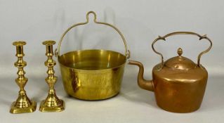 ASSORTED METALWARE, 19th/20th century, including circular copper kettle with shaped handle and acorn