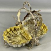 GOOD QUALITY SILVER PLATED BISCUITEER of shell form, having twin hinged sections, pierced internal