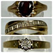 THREE 9CT GOLD DRESS RINGS, garnet solitaire, size U, crossover half hoop eternity, size O, and