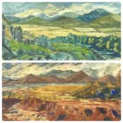 20TH CENTURY WELSH SCHOOL pallet knife oil on board - panoramic mountainous landscape with sketch