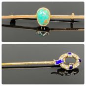 DIAMOND & BLUE ENAMEL STICK PIN, and 9ct rose gold bar brooch set with oval turquoise stone