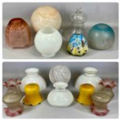 ASSORTED GLASS LIGHT SHADES including moulded cranberry and etched glass oil lamp shade, green and