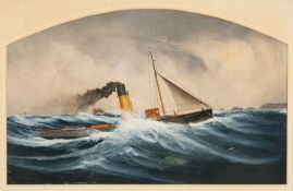 J. JONES, gouache - naive pierhead painting of steamer 'Wolfhound' in choppy seas, c. 1910,