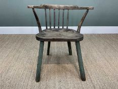 ANTIQUE STICK CHAIR, probably West Country, three-piece bowed arm support, six stick back and shaped