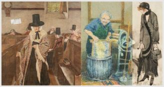 L. HATCH mixed media - washing Day, old lady with washboard and mangle, signed and dated 1972, 33