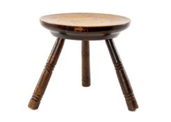 19TH C.-STYLE MILKING STOOL, sycamore dished seat, ring turned beech legs, 31 (h) x 32cms (dia.)