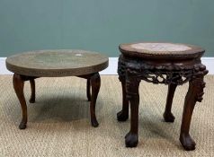 TWO CIRCULAR OCCASIONAL TABLES, comprising Chinese hardwood table with pink variegated marble