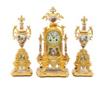 19TH C. FRENCH PORCELAIN-MOUNTED GILT BRONZE CLOCK GARNITURE, A. D. Mougin, the clock with floral