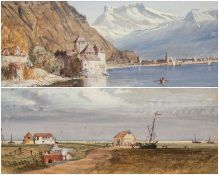 VICTOR AMES (exh.1895-1917) watercolours - 'Château de Chinon, Montreux' and 'Au Bord de la Mare',