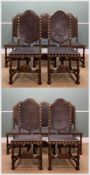 SET OF TEN 17TH C. STYLE SPANISH EMBOSSED LEATHER CHAIRS, large brass studs and spire finials,