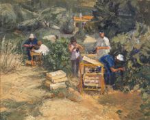 JOAN OXLAND (1920-2009) oil on board - Grape Harvest Provence, labelled verso, 39 x 49cms