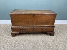 18TH C. OAK MULE CHEST, two-plank hinged top above long apron drawer, interior with candle box and