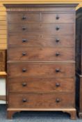 LARGE 19TH C. MAHOGANY CHEST ON CHEST, two short over six long graduated drawers, turned ebony