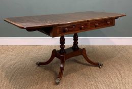 LATE REGENCY MAHOGANY CROSSBANDED SOFA TABLE, two full-length frieze drawers with dummy opposites,