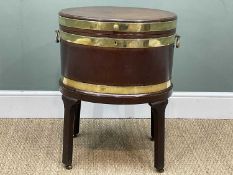 GEORGE IV MAHOGANY OVAL CELLARETTE ON STAND, of oval form, brass bound, side swing handles, the
