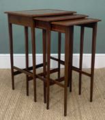 NEST OF THREE 19TH C. INLAID MAHOGANY OCCASIONAL TABLES, square tapering legs, 68 (h), 46 (w), 35cms