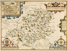 CHRISTOPHER SAXTON / JOHN SPEEDE antique coloured map of 'MONTGOMERY SHIRE', 39 x 51cms