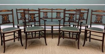 EDWARDIAN MAHOGANY INLAID SALON SUITE comprising, one two-seater settee, two armchairs and a further