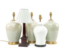 ASSORTED CERAMIC TABLE LAMPS including set of three celadon glazed lamps, and two others, largest