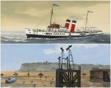 T. WHITFIELD (20th C.), gouache on paper - 'P.S. Waverly' steaming in light seas; 'Pier Head' with
