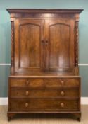 ANTIQUE OAK WELSH LINEN PRESS, mahogany frieze under moulded cornice, upper with two-door
