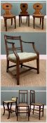 SEVEN ANTIQUE CHAIRS including, three mahogany hall chairs, two with oval backs and horseshoe seats,