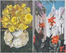 BRYN RICHARDS (Welsh, 1922-2023) oil on canvas - a vase of flowers on a silver tray, signed and