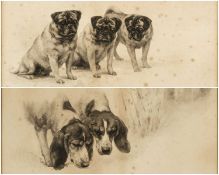 AFTER MAUD EARL, photogravures - Three pugs and brimstone butterfly; Two beagles, printed in Germany